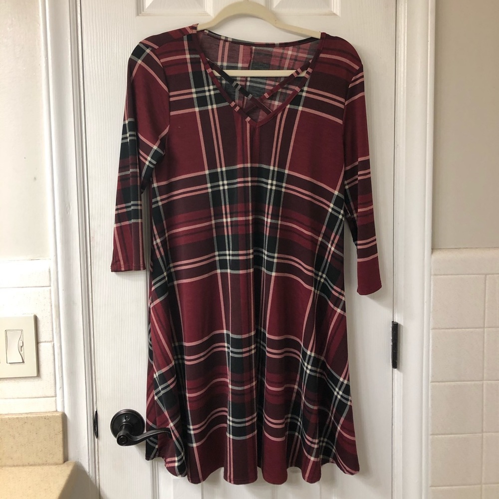 red and black plaid long sleeve dress
